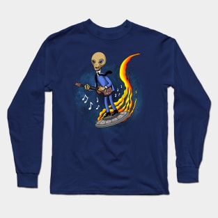 Cute Retro Vintage Alien Musician Riding UFO Gift For Alien And Music Lovers Long Sleeve T-Shirt